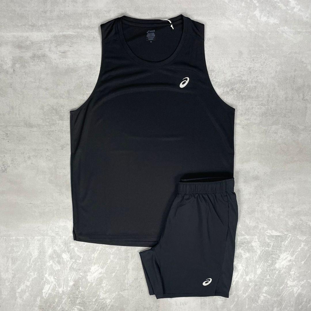 ASICS Black Core Vest Set laid flat, used in the ASICS sizing guide against Nike and Under Armour