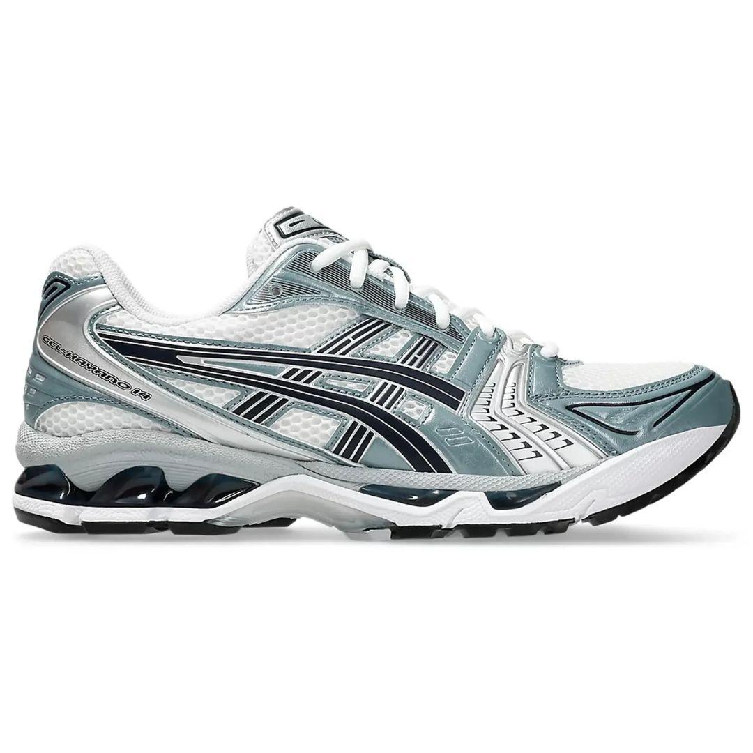 ASICS Gel-Kayano 14 in Fjord Grey, side profile, white mesh upper with grey overlays