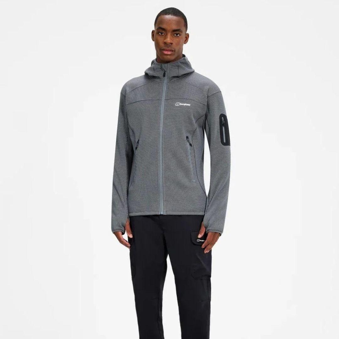 Berghaus Grey Pravitale MTN 2.0 Hooded Fleece Jacket for men, front view on model of grey marl stretch fleece hooded jacket with full-zip front and zipped sleeve pocket, part of the Grey Pravitale MTN 2.0 Hooded Fleece Jacket & Cargo Pant Tracksuit