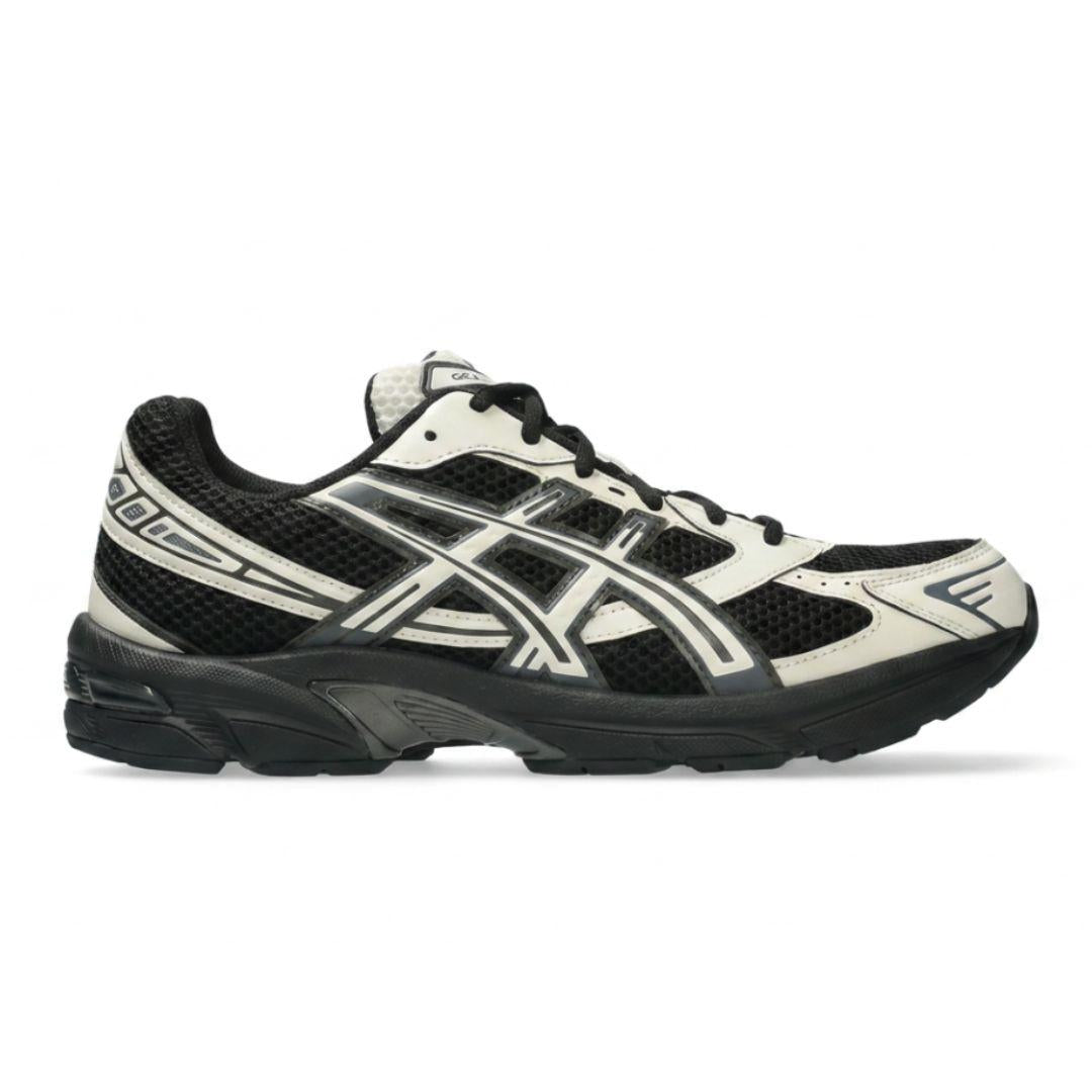 A black and off-white ASICS running shoe shown from the side against a plain white background.