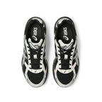 A pair of ASICS sneakers shown from a top-down view, featuring a black and white color-blocked design with mesh and synthetic overlays.