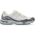 A white and dark gray Asics Gek NYC running shoe shown from the side against a plain white background.