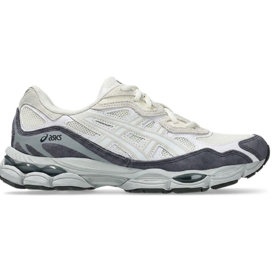 A white and dark gray Asics Gek NYC running shoe shown from the side against a plain white background.