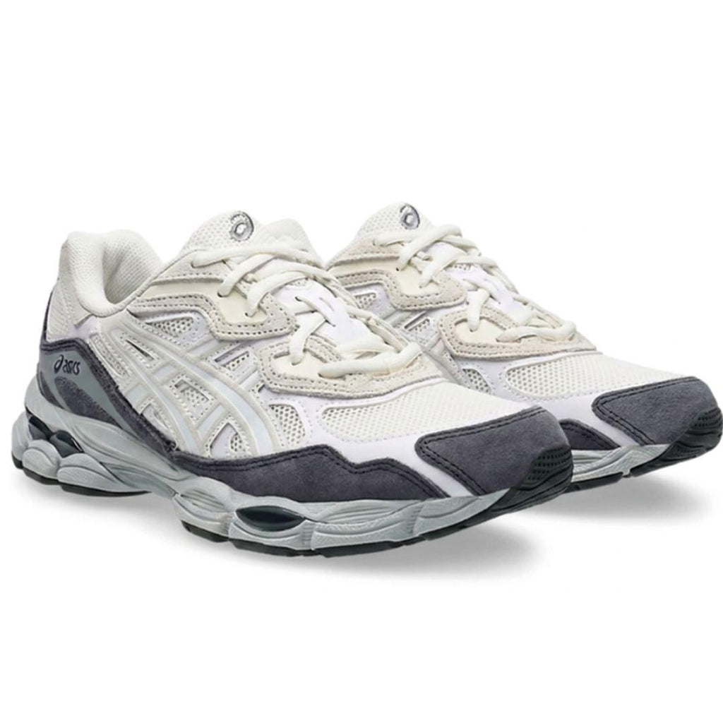 A pair of Asics athletic sneakers in white and dark gray, shown from a three-quarters angle on a clean white background.