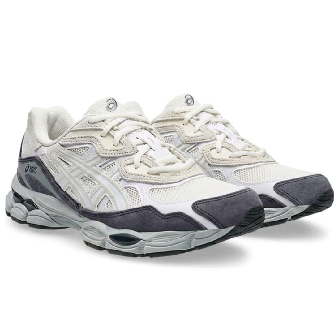 A pair of Asics athletic sneakers in white and dark gray, shown from a three-quarters angle on a clean white background.