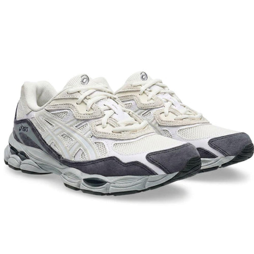 A pair of Asics athletic sneakers in white and dark gray, shown from a three-quarters angle on a clean white background.