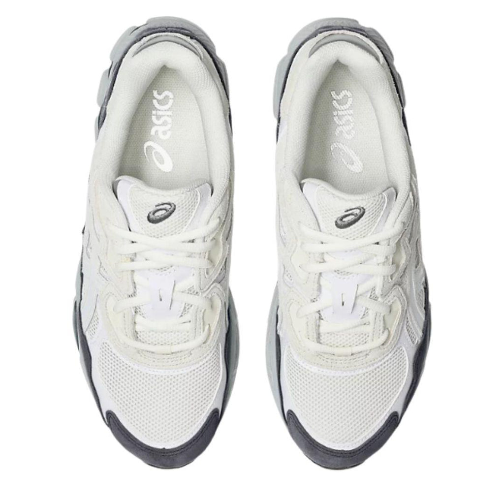 A pair of white and gray ASICS sneakers shown from a top-down view on a plain white background.
