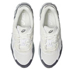 A pair of white and gray ASICS sneakers shown from a top-down view on a plain white background.