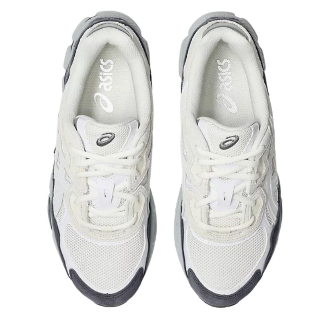 A pair of white and gray ASICS sneakers shown from a top-down view on a plain white background.