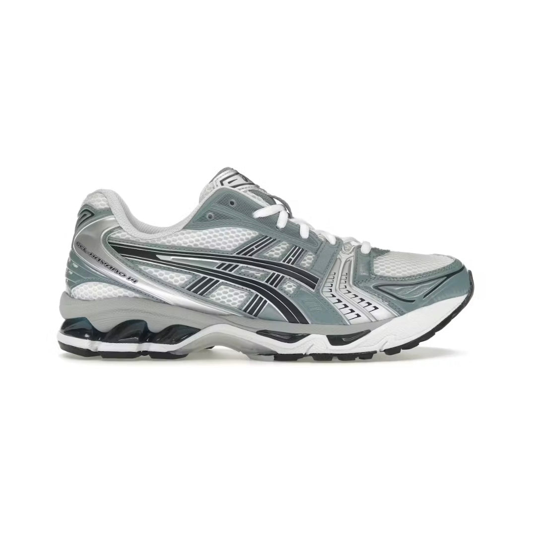 Asics Gray and white running shoe on a white background