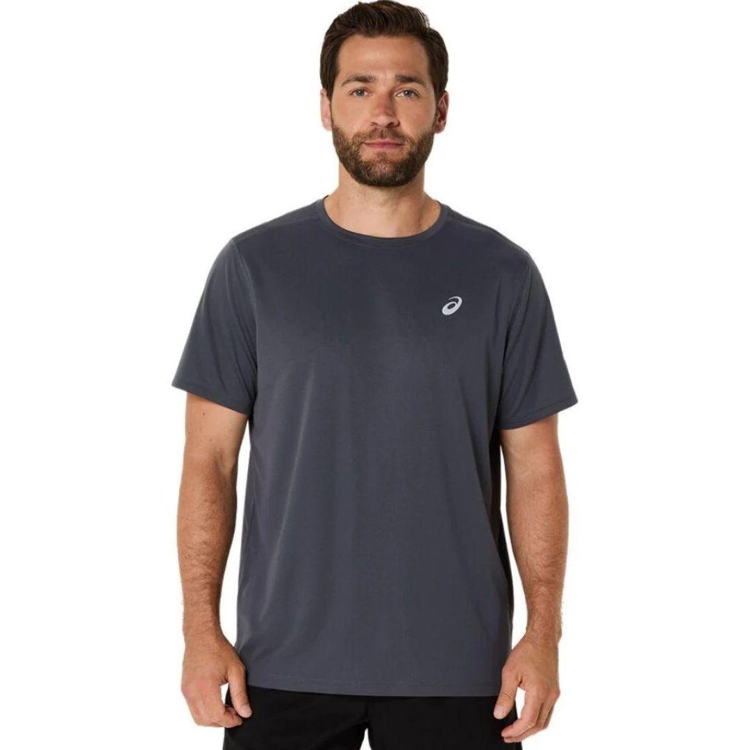 A man wearing a dark gray short-sleeve athletic t-shirt with a small white Asics logo on the left chest, photographed against a solid white background.