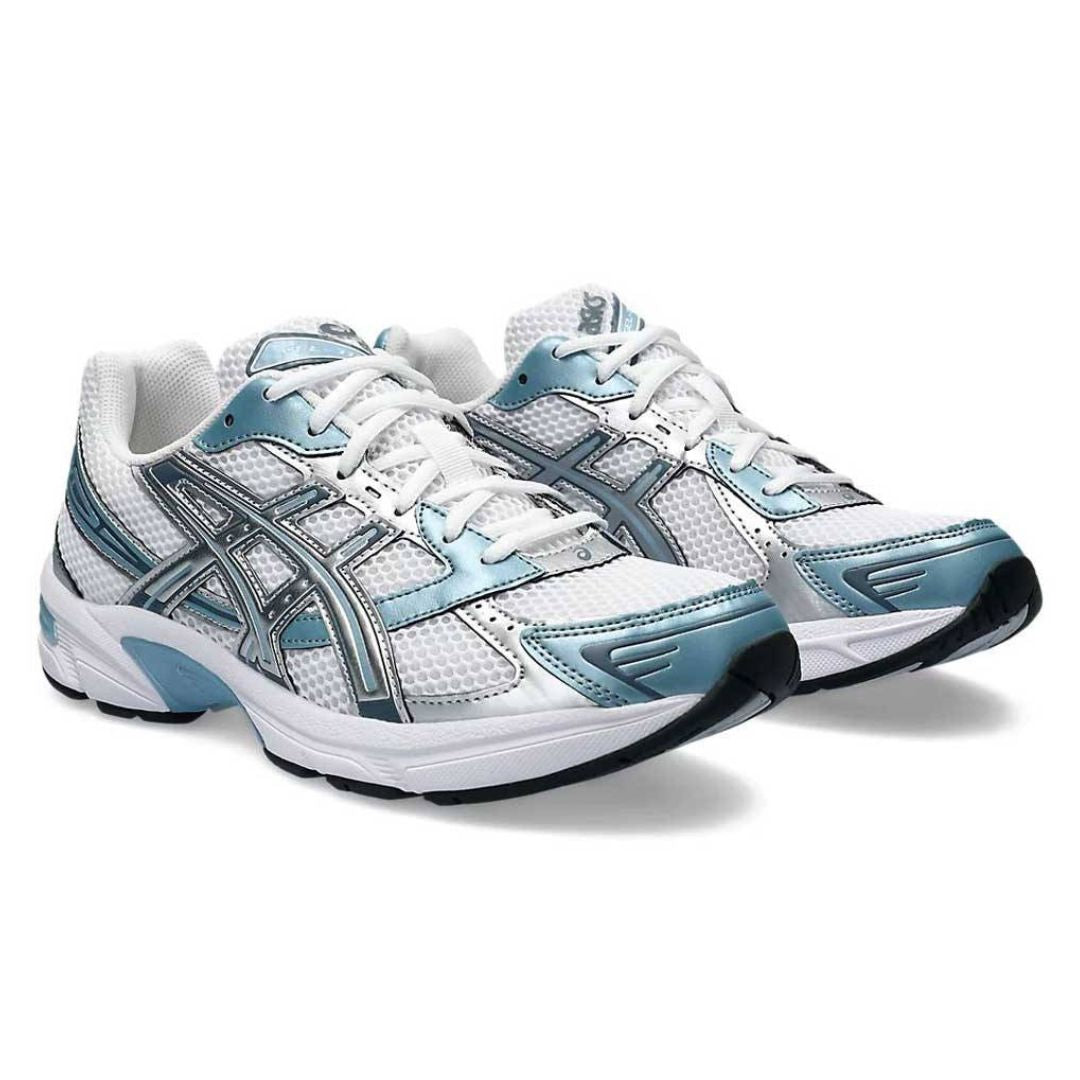 Asics pair of white and blue running shoes on a white background