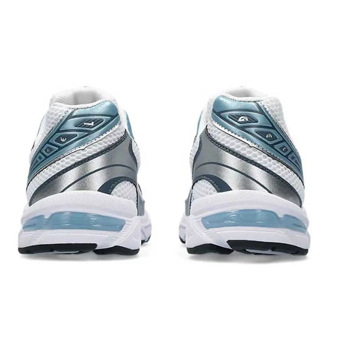 Asics White and blue athletic shoes on a white background
