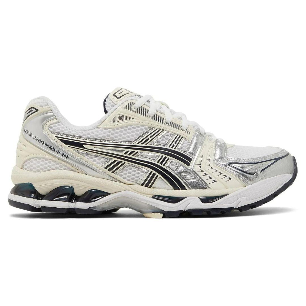 Asics gel kayano 14 White and black athletic shoe on a white background