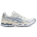 A single ASICS Gel kayano 14 running shoe in white, silver, and light blue, shown from a side profile view against a plain white background.