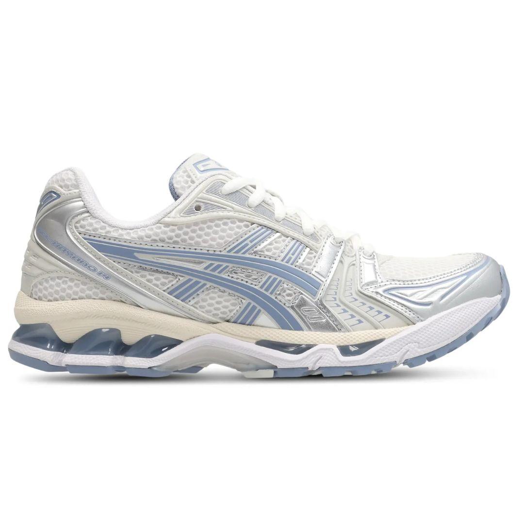 A single ASICS Gel kayano 14 running shoe in white, silver, and light blue, shown from a side profile view against a plain white background.