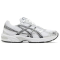 A white and silver ASICS  gel-1130 sneaker shown from the side profile against a plain white background.