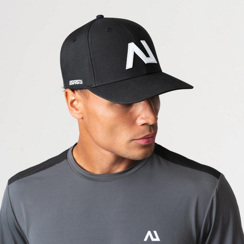 Agaru 'Carbon Black' SRG Cap for men, front view on model of black structured baseball cap with raised Agaru logo badge and SRG side print on the curved brim