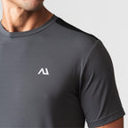 Agaru 'Carbon Black' SRG T-Shirt for men, close-up of the charcoal seamless knit fabric, black shoulder panel and Agaru logo on the chest