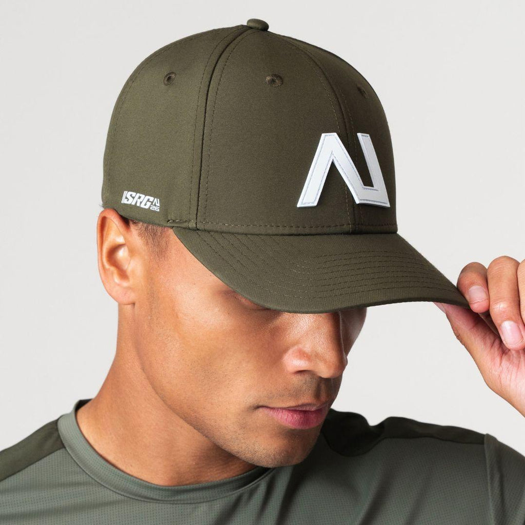 Agaru 'Deep Olive' SRG Cap for men, close-up on model of dark olive structured baseball cap with raised Agaru logo badge and SRG side print on the curved brim