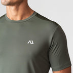 Agaru 'Deep Olive' SRG T-Shirt for men, close-up of the olive seamless knit fabric, panelled shoulder detail and Agaru logo on the chest