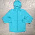 Asics 'Aqua' Core Windrunner for men, flat lay of aqua lightweight hooded jacket with full-zip fastening and Asics logo on the chest