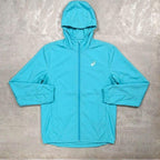 Asics 'Aqua' Core Windrunner for men, flat lay of aqua lightweight hooded jacket with full-zip fastening and Asics logo on the chest
