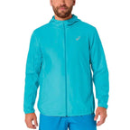 Asics 'Aqua' Core Windrunner for men, front view on model of aqua full-zip hooded jacket, part of the Aqua Core Windrunner and Pant Tracksuit