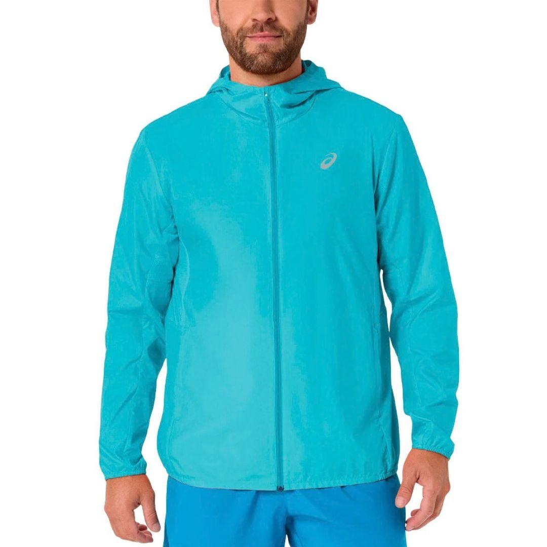 Asics 'Aqua' Core Windrunner for men, front view on model of aqua full-zip hooded jacket, part of the Aqua Core Windrunner and Pant Tracksuit