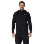 Asics Black Zip Up Hoodie for men, front view on model of black full-zip hoodie with drawcord hood, kangaroo pockets, ribbed cuffs and hem and white Asics logo on the chest