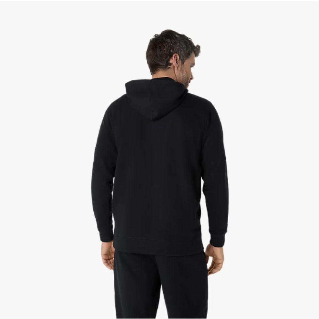 Asics Black Zip Up Hoodie for men, back view on model showing the plain black hood, relaxed fit and ribbed cuffs and hem, part of the Asics Black Hoodie and Jogger Tracksuit