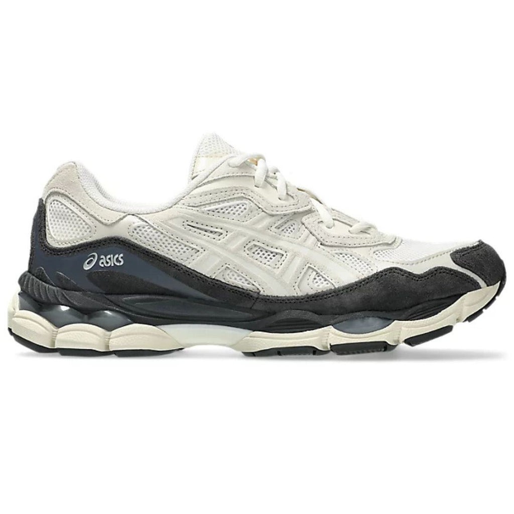 White and black running shoe with Asics logo on a white background