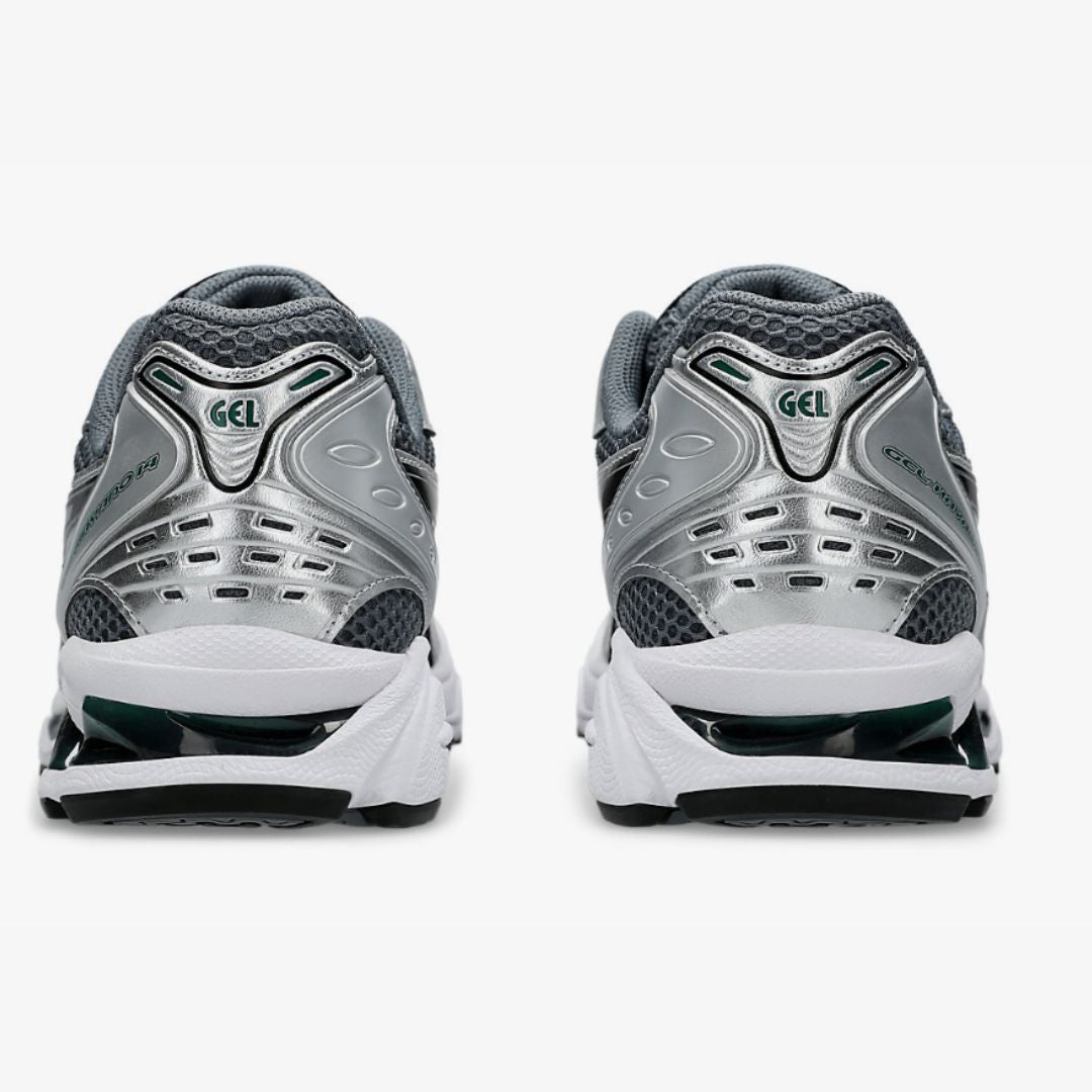 Asics pair of gray and white running shoes with 'GEL' branding on a white background