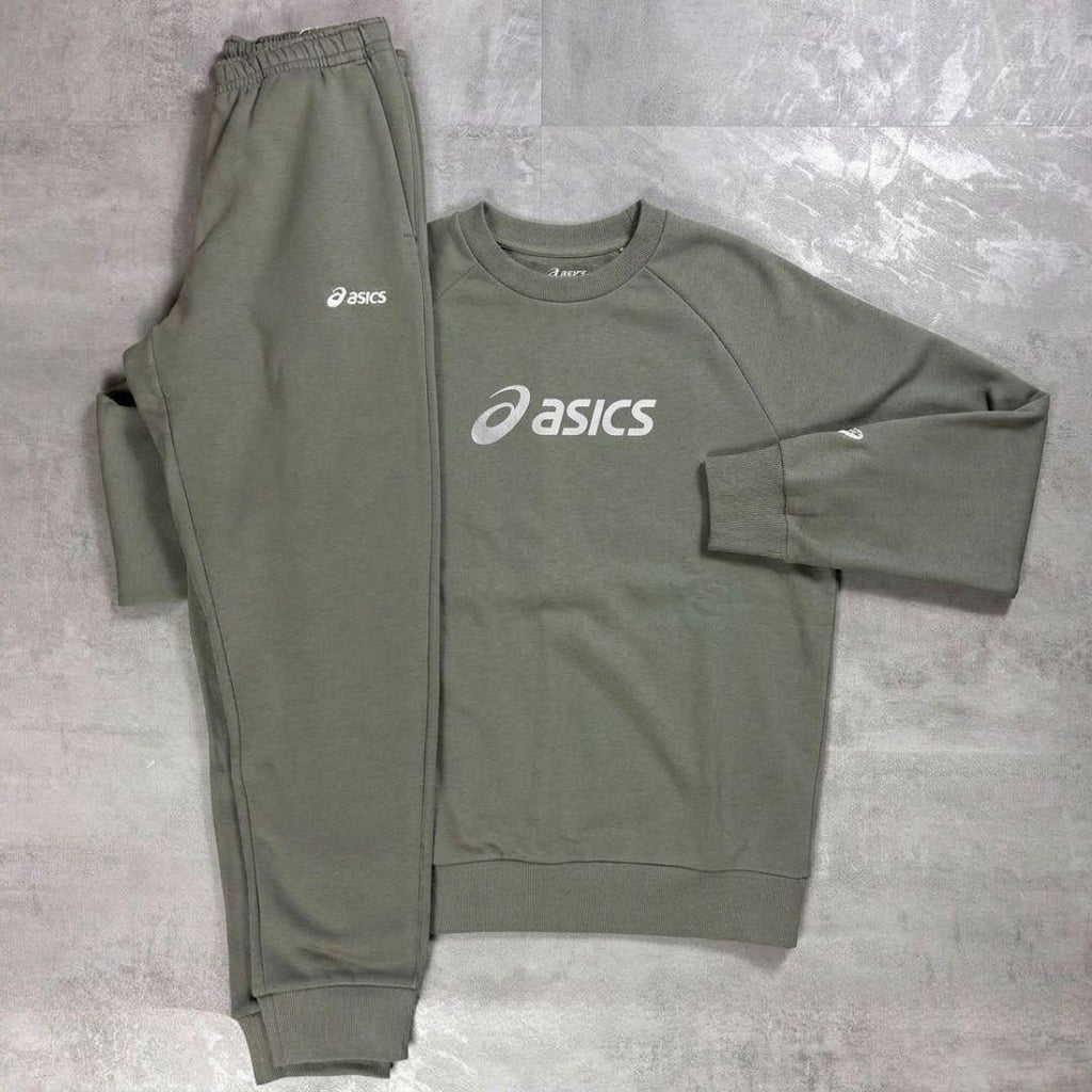Asics 'Light Green' Sweatshirt Fleece Tracksuit for men, flat lay of light green crew neck fleece sweatshirt and matching fleece jogger with Asics branding