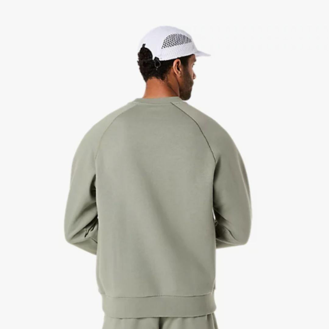 Asics 'Light Green' Sweatshirt for men, back view on model showing the relaxed fit and plain crew neck of the light green fleece sweatshirt