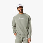 Asics 'Light Green' Sweatshirt for men, front view on model of light green crew neck fleece sweatshirt with Asics logo across the chest