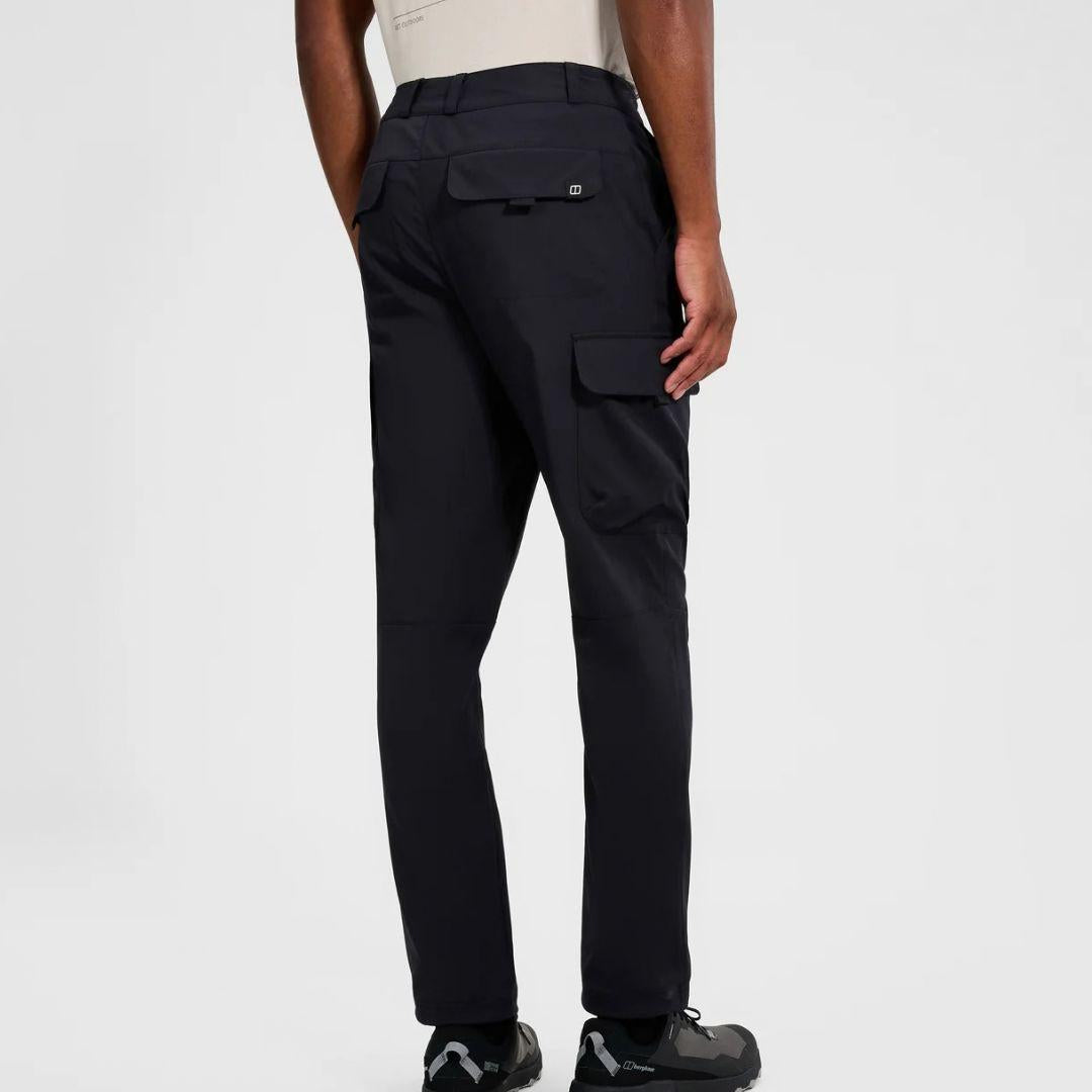 Berghaus Black Everyday Cargo Pant for men, back view on model showing the flap rear pocket, side thigh cargo pocket and straight leg of the black cargo trousers