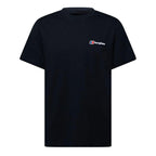 A black short-sleeve crewneck t-shirt with a small Berghaus logo printed on the left chest, displayed on a solid white background.