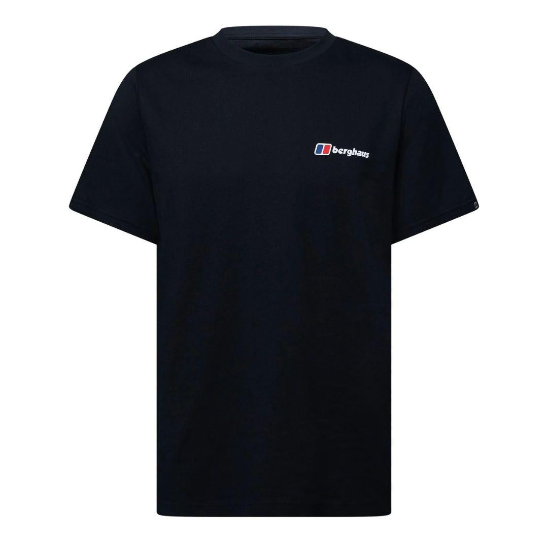 A black short-sleeve crewneck t-shirt with a small Berghaus logo printed on the left chest, displayed on a solid white background.