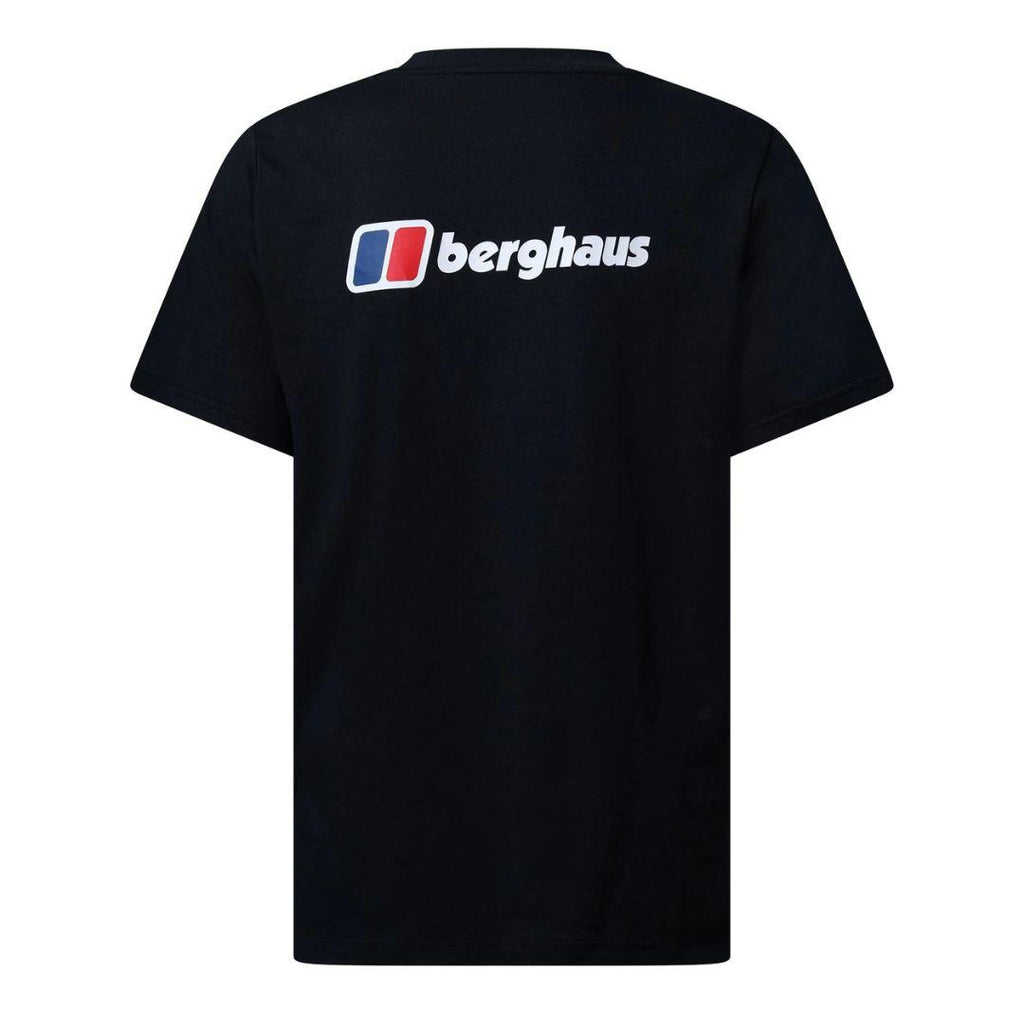 A black short-sleeve t-shirt shown from the back, featuring the Berghaus logo printed across the upper back in white, red, and blue.