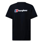 A black short-sleeve t-shirt shown from the back, featuring the Berghaus logo printed across the upper back in white, red, and blue.