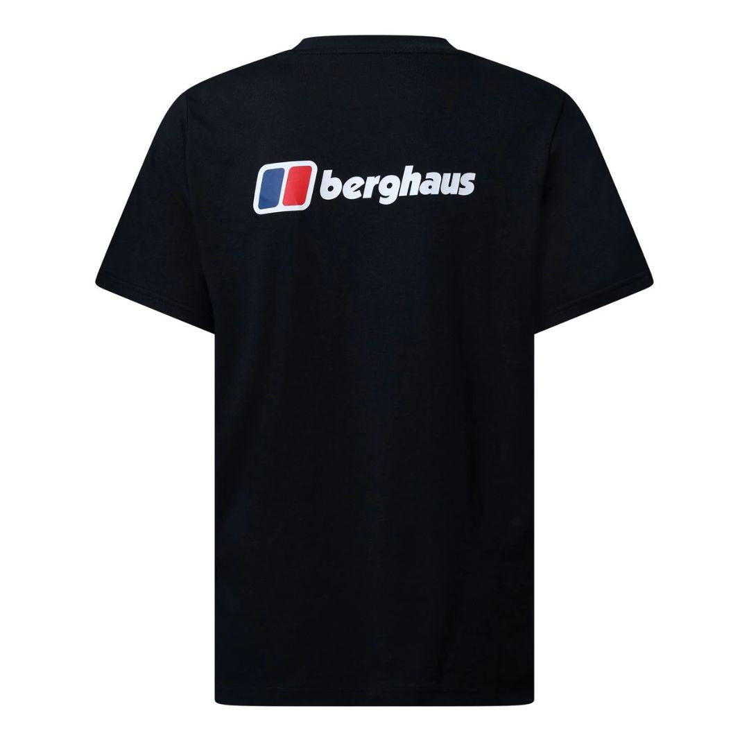 A black short-sleeve t-shirt shown from the back, featuring the Berghaus logo printed across the upper back in white, red, and blue.