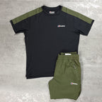 A two-piece outdoor set from Berghaus, featuring a black short-sleeve t-shirt with olive green shoulder panels and matching olive green shorts, laid flat on a textured gray background.