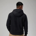 Berghaus Black Logo Hoodie for men, back view on model showing the plain hood and relaxed fit of the black brushed fleece pullover hoodie, part of the Black Logo Hoodie, Tee & Pant Tracksuit