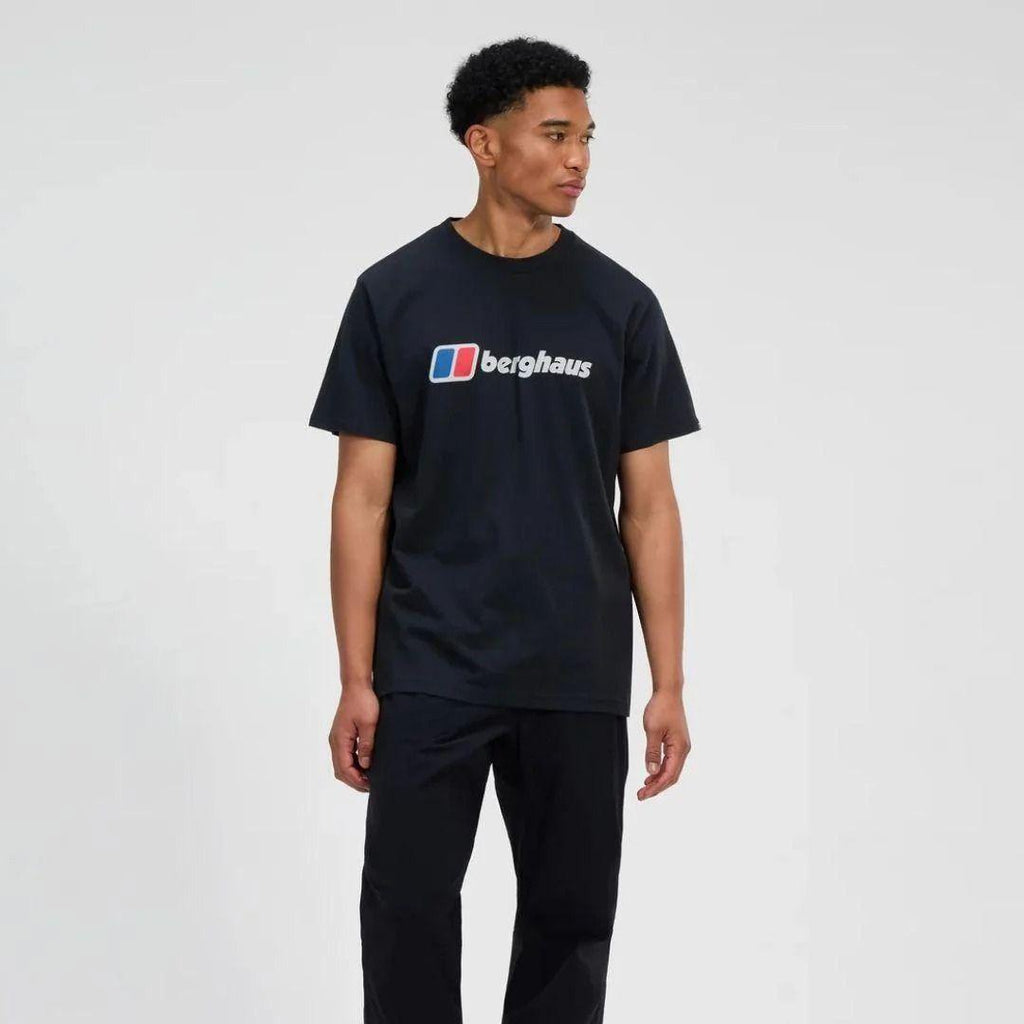 Berghaus Black XL Class Logo T-Shirt for men, front view on model of black crewneck t-shirt with Berghaus logo printed across the chest, part of the Black Logo Hoodie, Tee & Pant Tracksuit