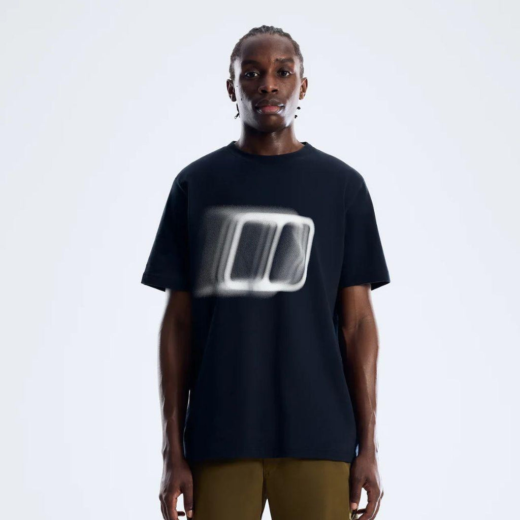 Berghaus Black Blockmorph Essential T-Shirt for men, front view on model of black short-sleeve crew neck tee with blurred Berghaus block logo graphic, part of the Black Skelbo Tracksuit & Blockmorph Tee Tri-Set