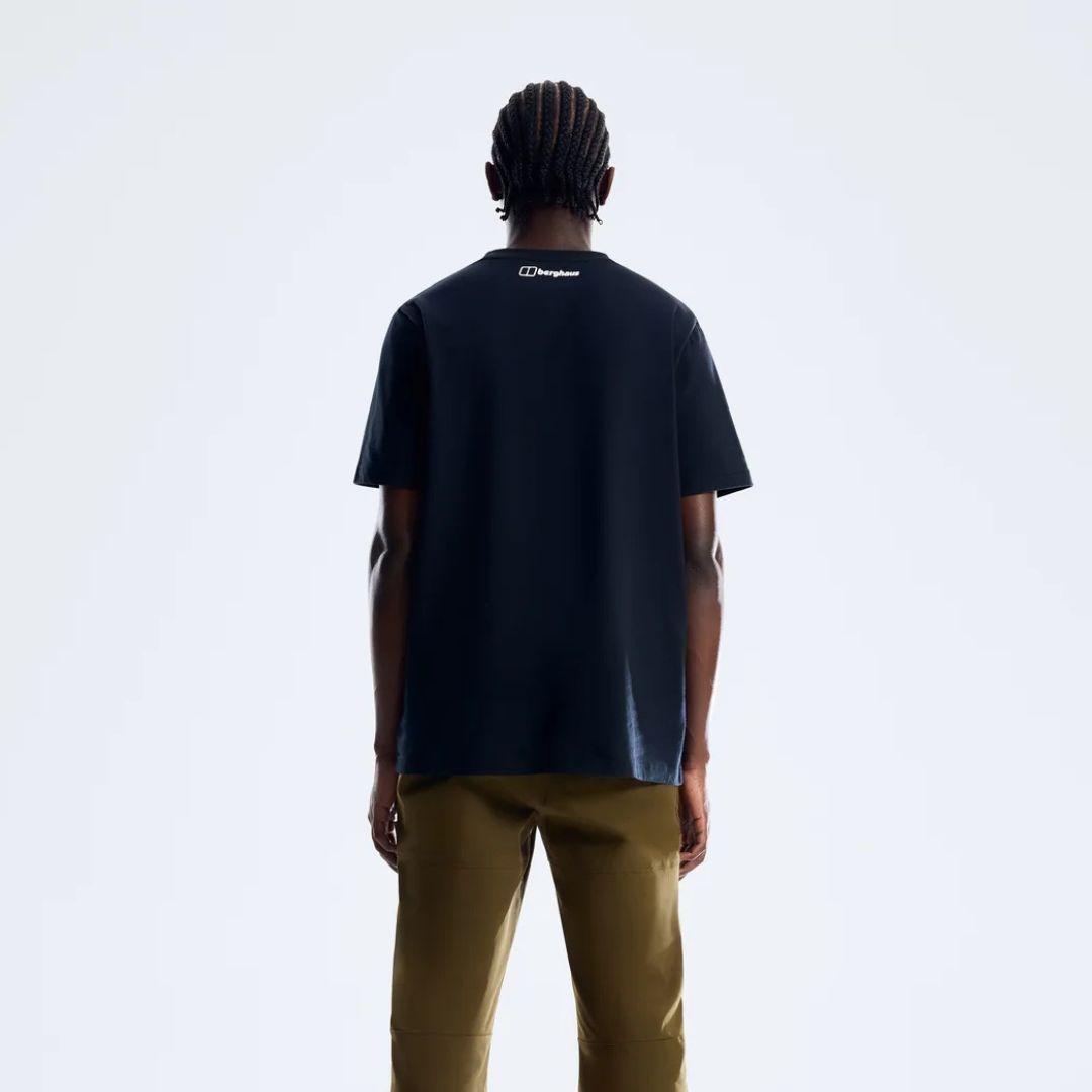 Berghaus Black Blockmorph Essential T-Shirt for men, back view on model showing the small Berghaus logo below the neck of the black tee, part of the Black Skelbo Tracksuit & Blockmorph Tee Tri-Set
