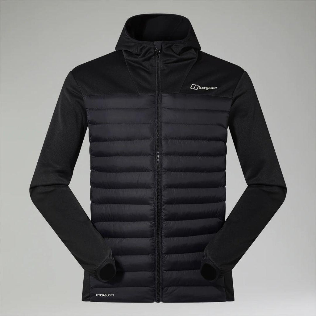 Berghaus Black Vaskye Hooded Hybrid Jacket for men, front view of black full-zip hooded jacket with quilted insulated body, soft smooth sleeves and Berghaus logo on the chest