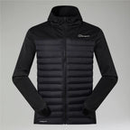 Berghaus Black Vaskye Hooded Hybrid Jacket for men, front view of black full-zip hooded jacket with quilted insulated body, soft smooth sleeves and Berghaus logo on the chest