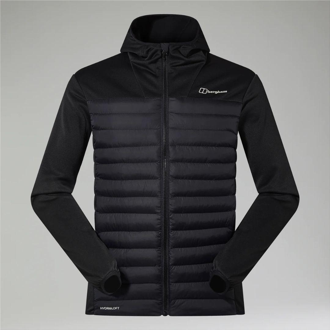 Berghaus Black Vaskye Hooded Hybrid Jacket for men, front view of black full-zip hooded jacket with quilted insulated body, soft smooth sleeves and Berghaus logo on the chest